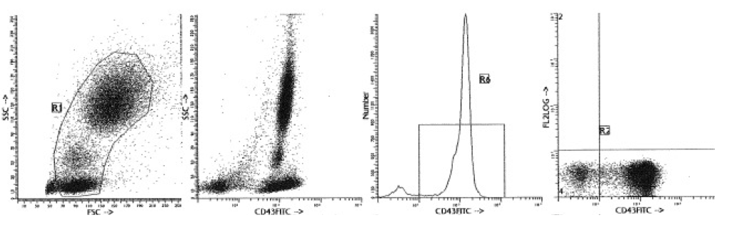 Figure 1. MUB1203P, clone MT1 (CD43) was analyzed by flow cytometry using a blood sample from a healthy donor. The cytogram shows direct staining with 10 µl CD43-FITC and 100 µl of whole blood.